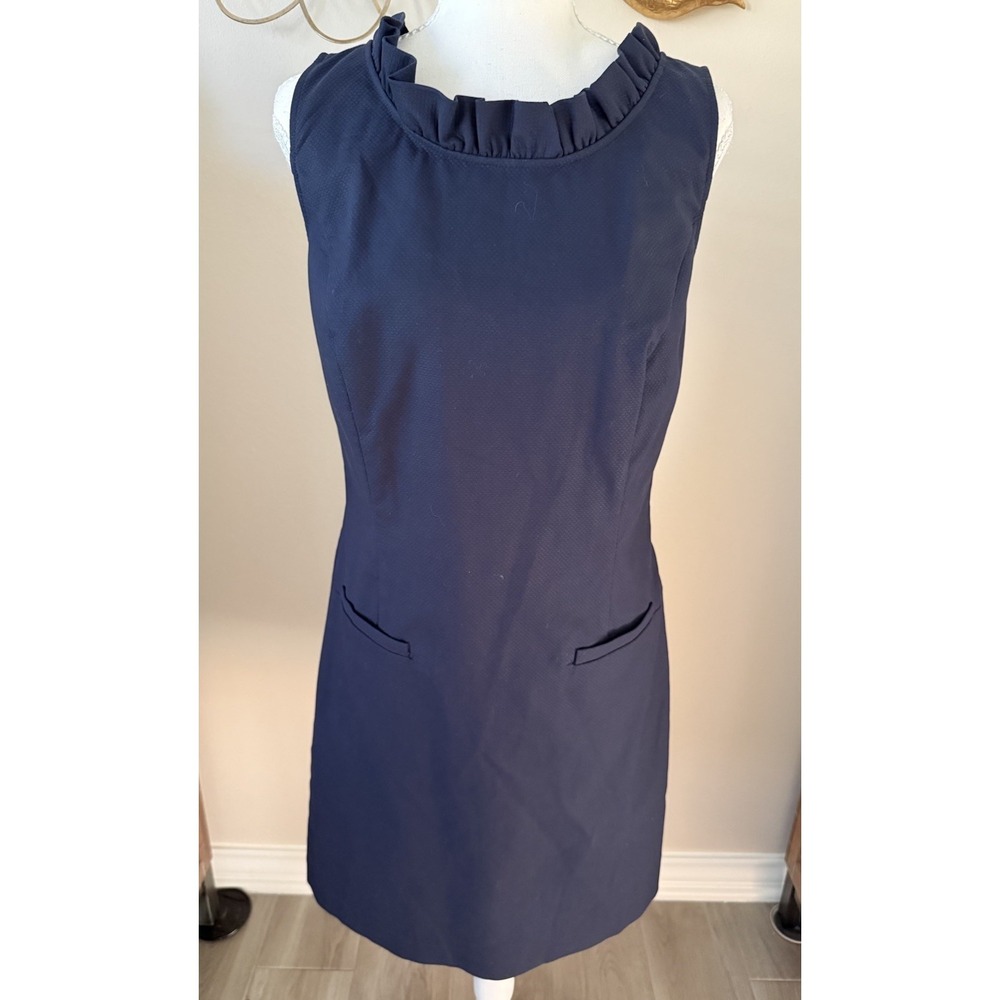 Talbots‎ Navy Blue Sheath Dress Size 10 Ruffle Neck Bow Back Sleeveless